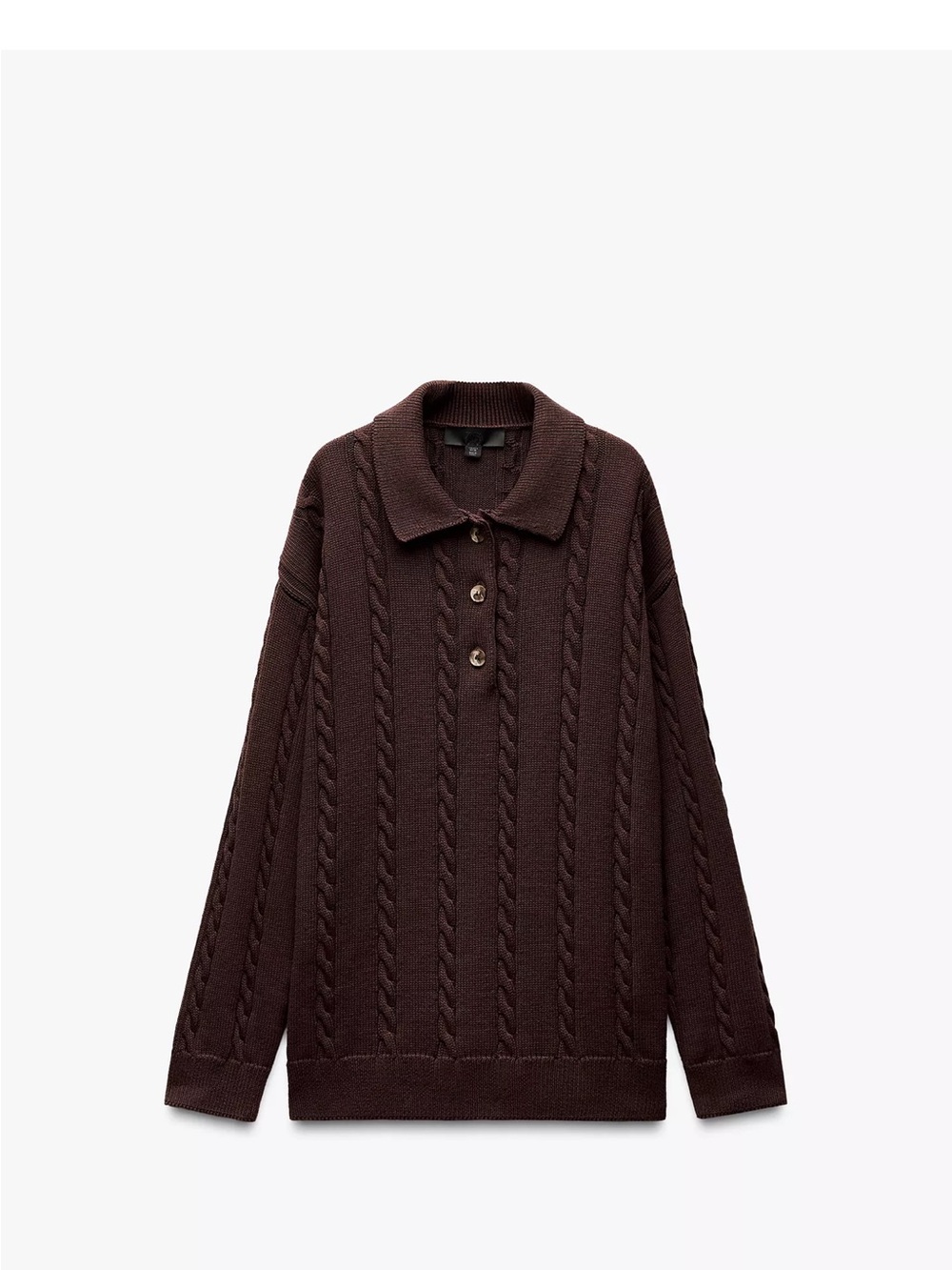 Zara Brown Cable Knit Polo V-Neck Sweater